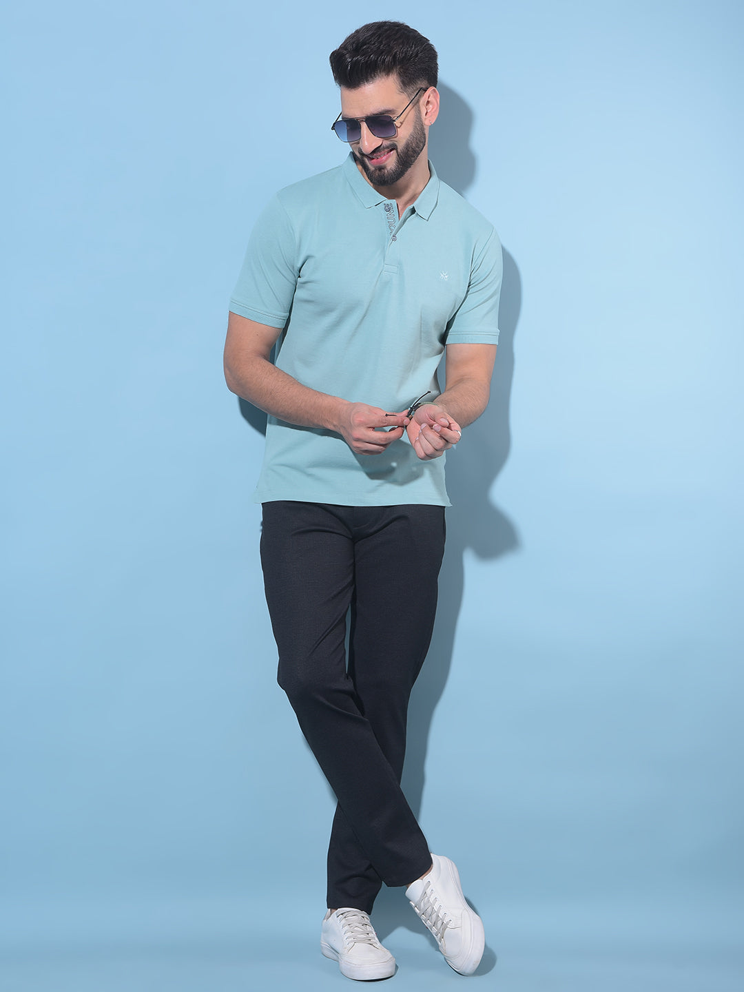 Blue Embroidered Cotton Polo T-Shirt-Men T-Shirts-Crimsoune Club