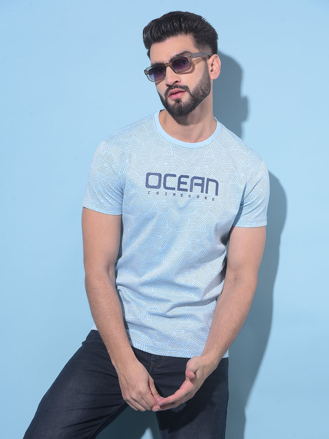 Blue Printed Cotton T-Shirt-Men T-Shirts-Crimsoune Club