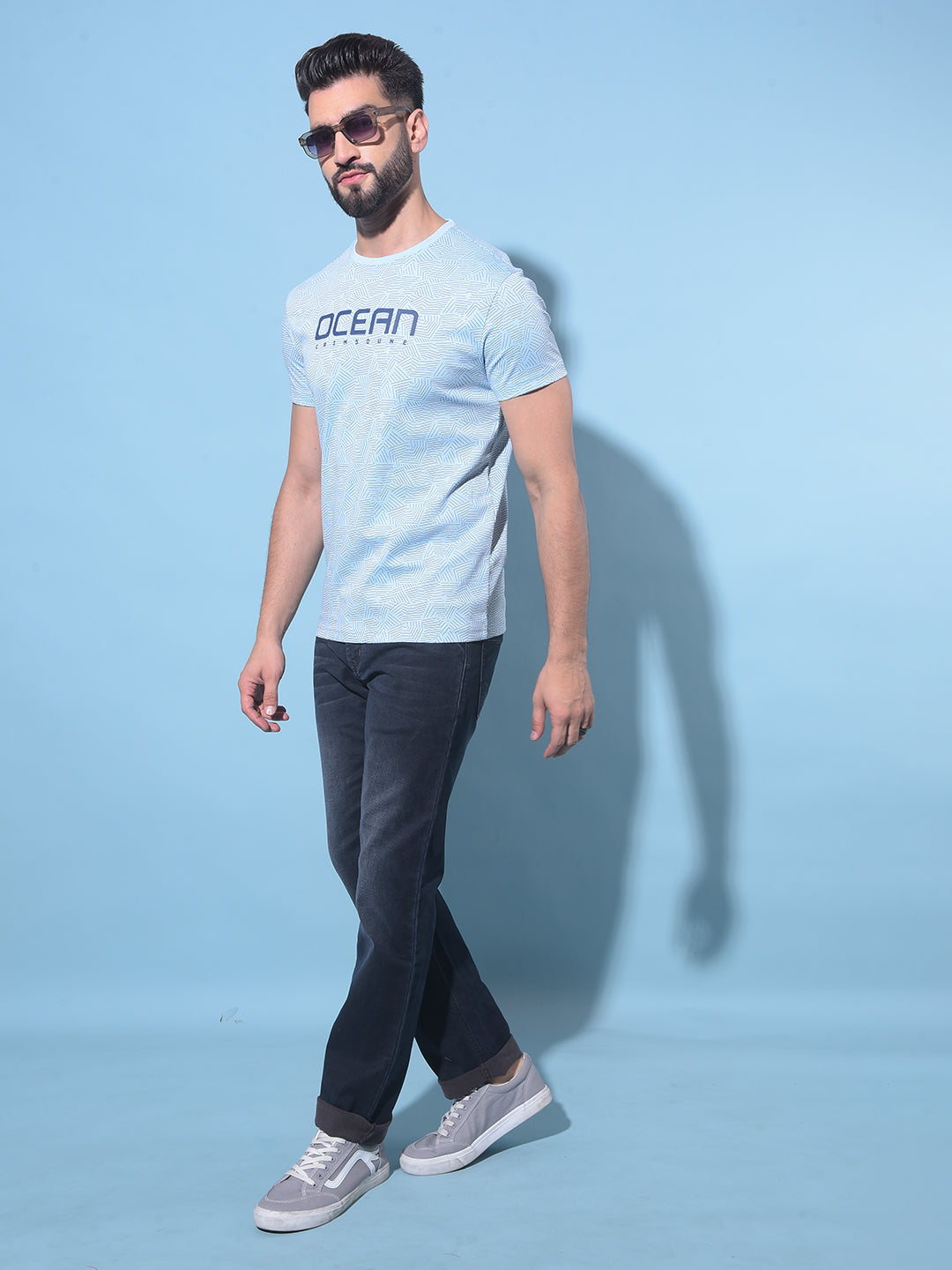 Blue Printed Cotton T-Shirt-Men T-Shirts-Crimsoune Club