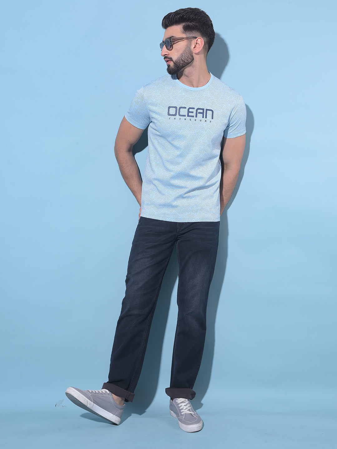 Blue Printed Cotton T-Shirt-Men T-Shirts-Crimsoune Club