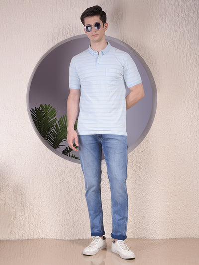 Blue Horizontal Stripes 100% Cotton Polo Neck T-Shirt-Men T-Shirts-Crimsoune Club