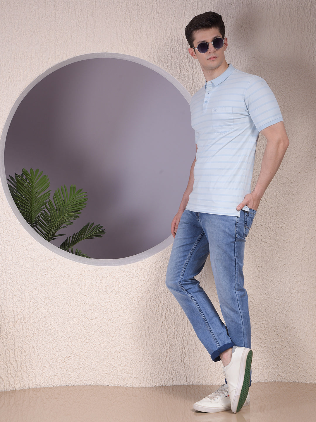 Blue Horizontal Stripes 100% Cotton Polo Neck T-Shirt-Men T-Shirts-Crimsoune Club