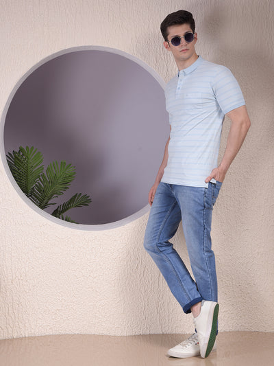Blue Horizontal Stripes 100% Cotton Polo Neck T-Shirt-Men T-Shirts-Crimsoune Club