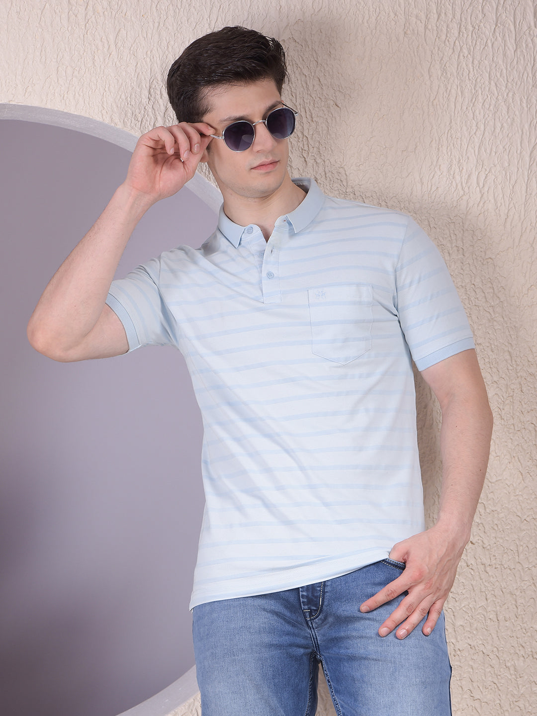 Blue Horizontal Stripes 100% Cotton Polo Neck T-Shirt-Men T-Shirts-Crimsoune Club