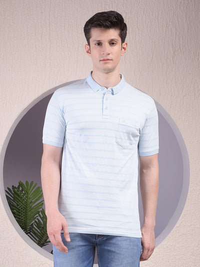 Blue Horizontal Stripes 100% Cotton Polo Neck T-Shirt-Men T-Shirts-Crimsoune Club