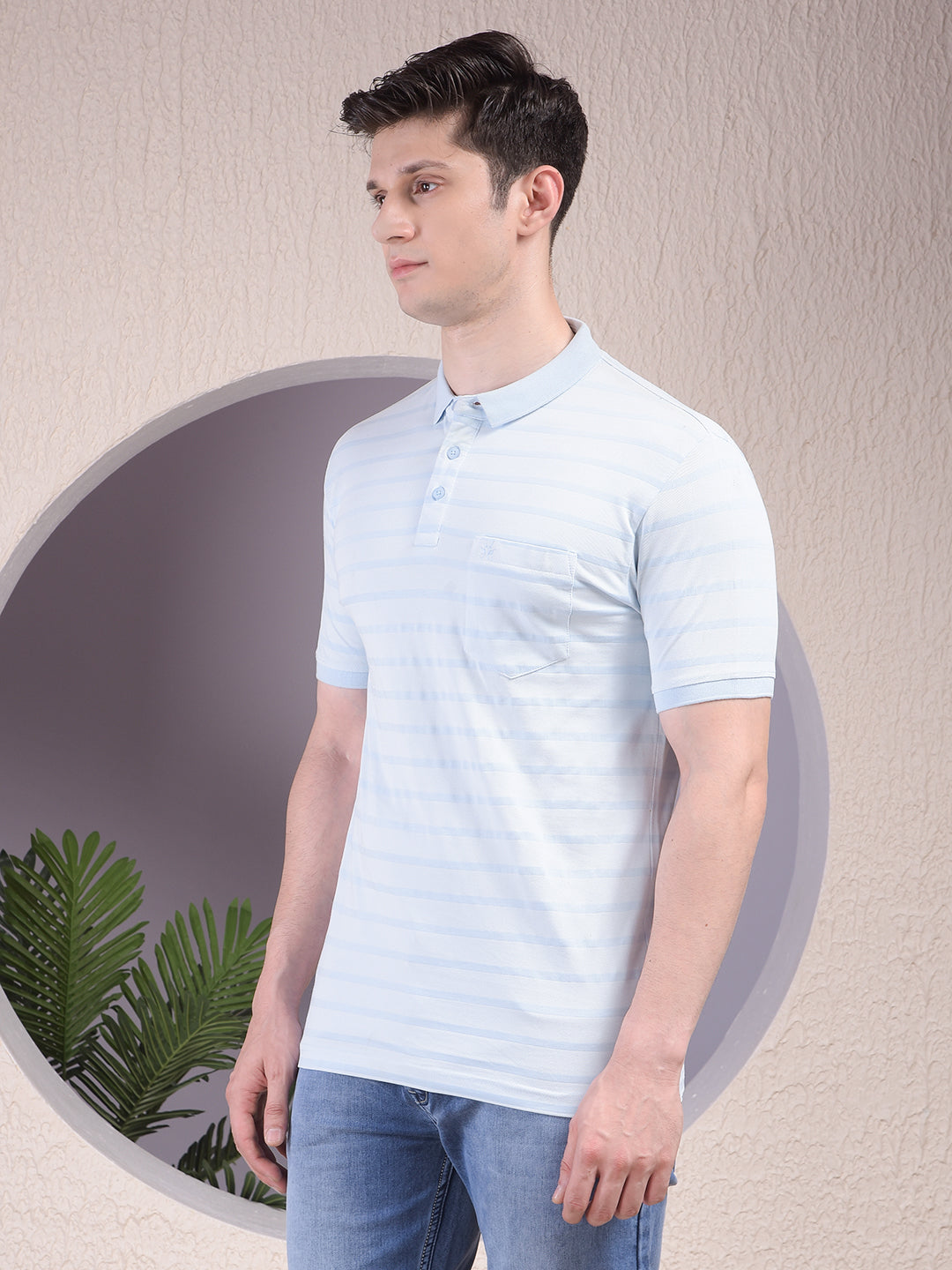 Blue Horizontal Stripes 100% Cotton Polo Neck T-Shirt-Men T-Shirts-Crimsoune Club