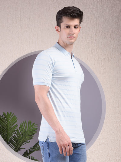 Blue Horizontal Stripes 100% Cotton Polo Neck T-Shirt-Men T-Shirts-Crimsoune Club