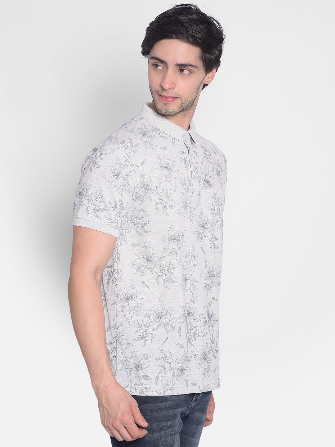 Grey Floral T-Shirt-Men T-Shirts-Crimsoune Club