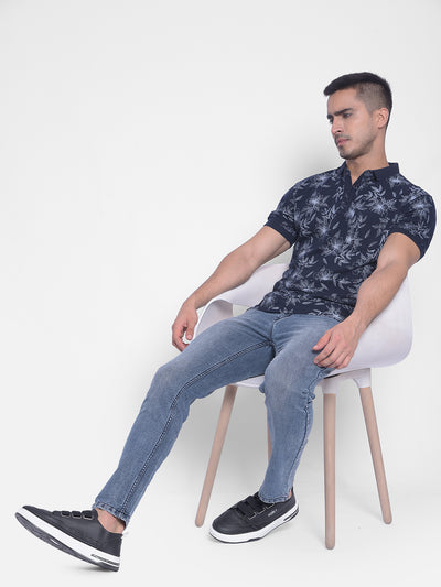 Navy Blue Floral T-shirt-Men Jeans-Crimsoune Club