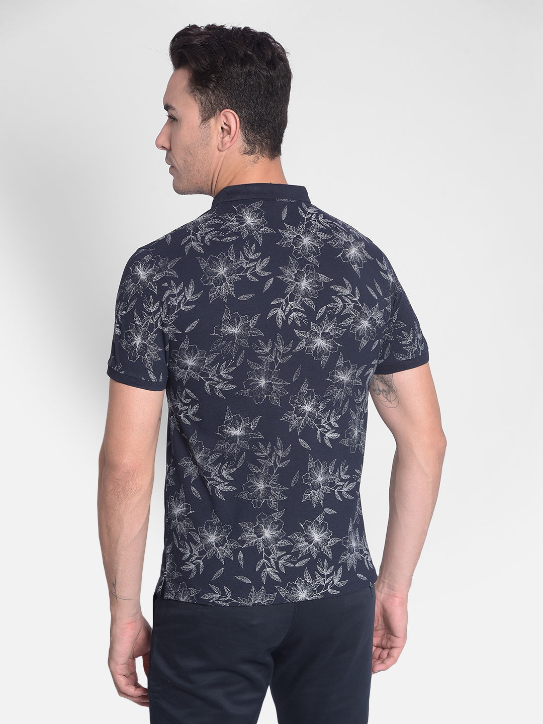 Navy Blue Floral T-shirt-Men T-Shirts-Crimsoune Club