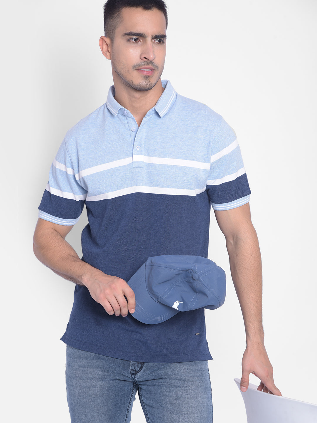 Navy Blue Striped T-shirt-Men Jeans-Crimsoune Club