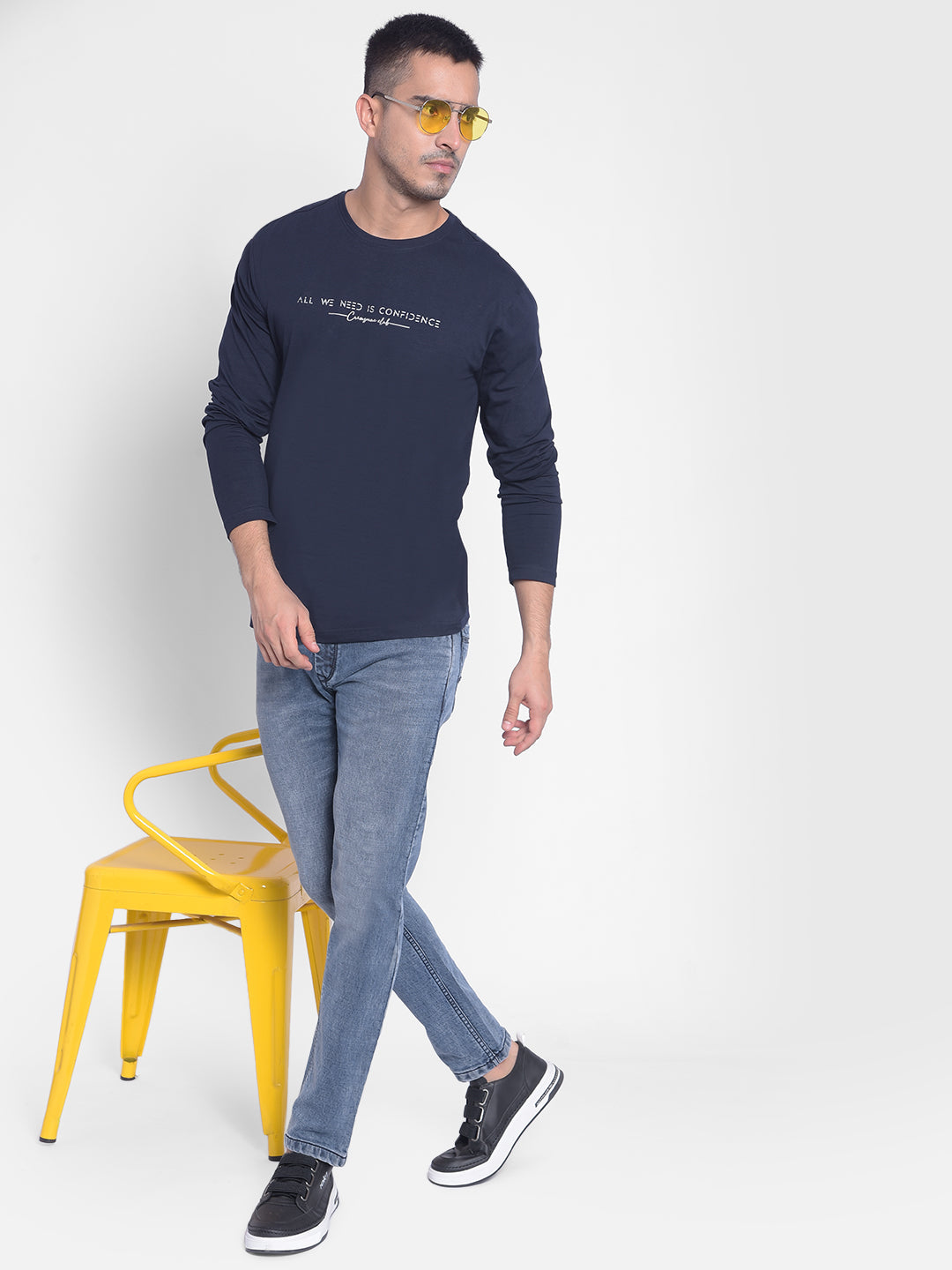 Navy Blue Printed T-shirt-Men Jeans-Crimsoune Club