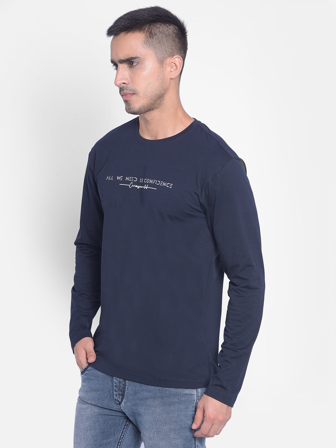 Navy Blue Printed T-shirt-Men Jeans-Crimsoune Club