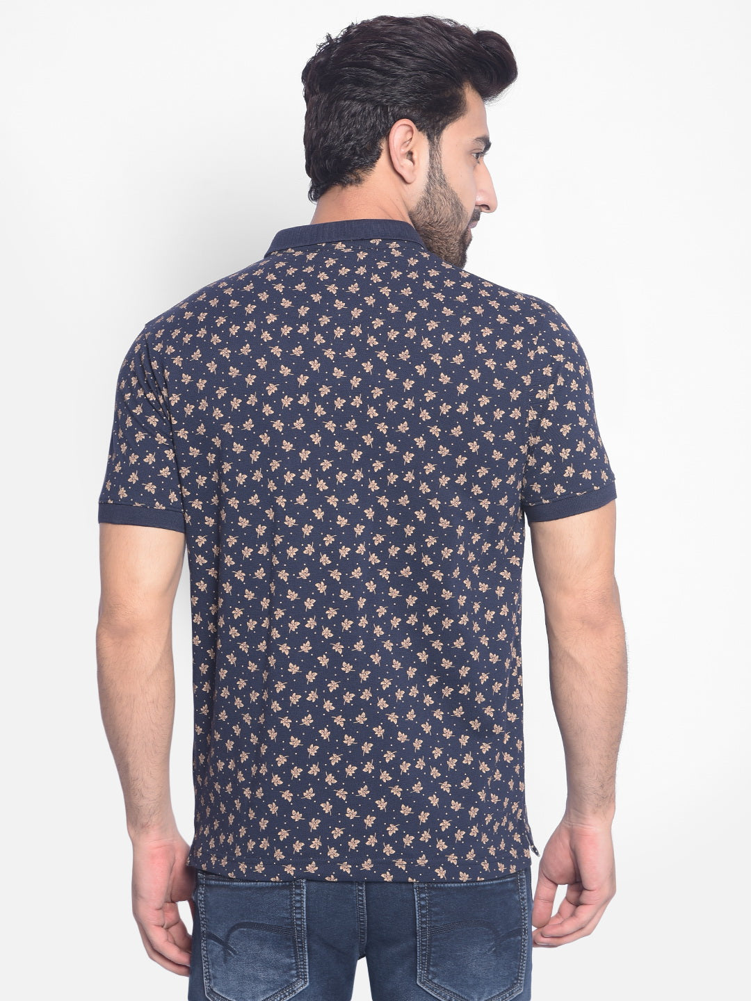 Navy Blue Floral T-Shirt-Men T-Shirts-Crimsoune Club