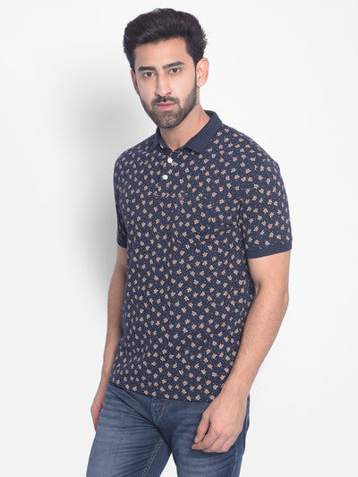 Navy Blue Floral T-Shirt-Men T-Shirts-Crimsoune Club