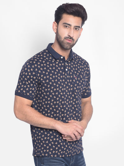 Navy Blue Floral T-Shirt-Men T-Shirts-Crimsoune Club