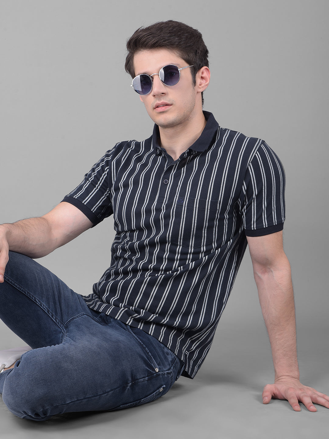 Navy Blue Striped T-Shirt-Men T-Shirts-Crimsoune Club