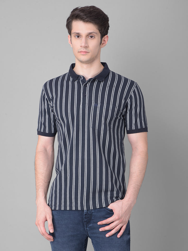 Navy Blue Striped T-Shirt-Men T-Shirts-Crimsoune Club