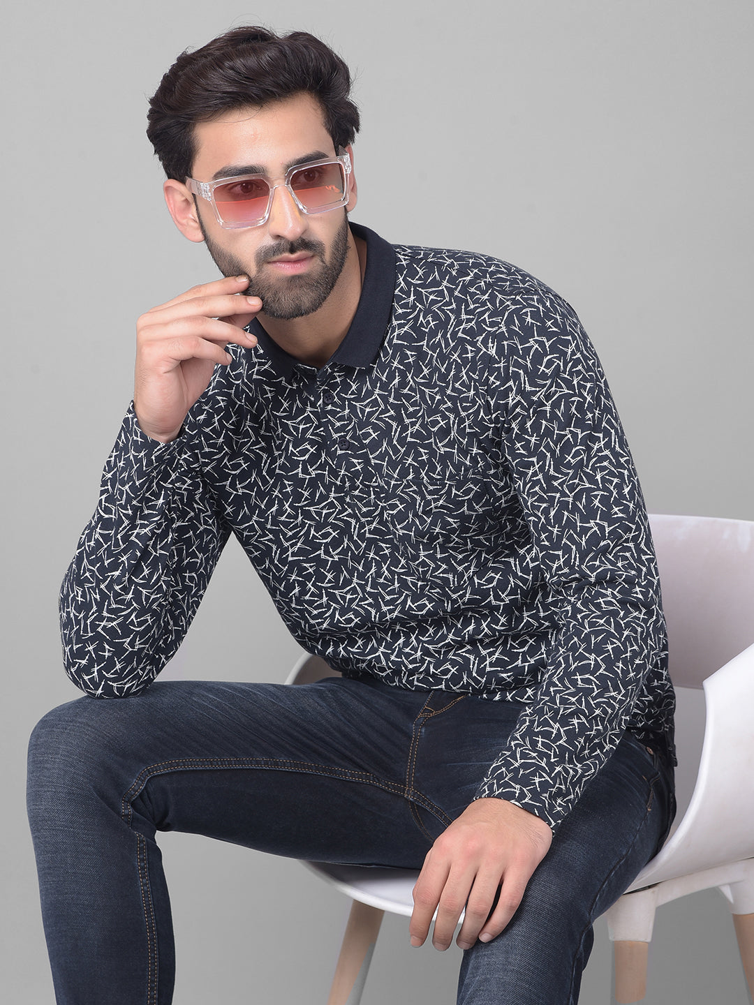Navy Blue Printed Long Sleeved T-Shirt-Men T-Shirts-Crimsoune Club