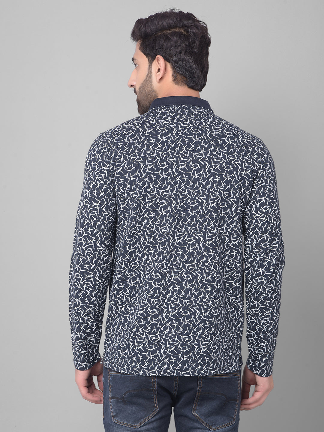 Navy Blue Printed Long Sleeved T-Shirt-Men T-Shirts-Crimsoune Club