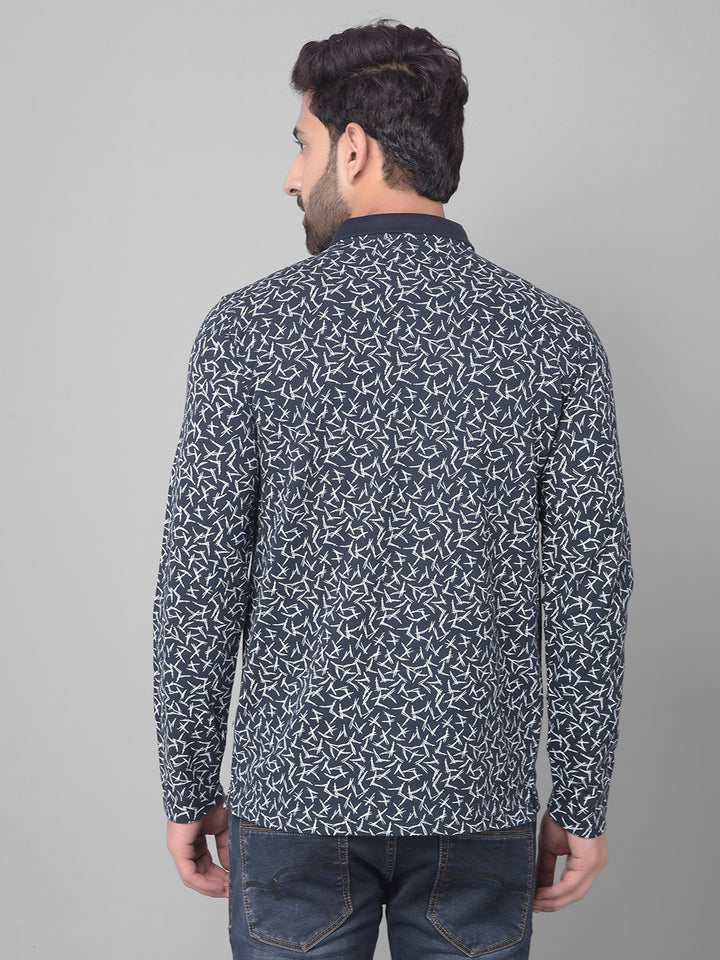 Navy Blue Printed Long Sleeved T-Shirt-Men T-Shirts-Crimsoune Club