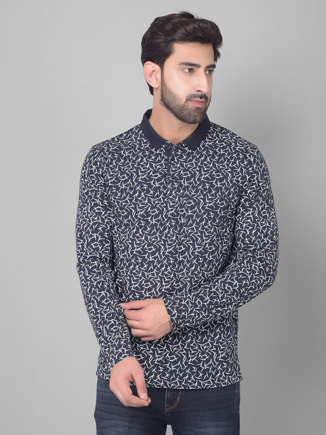 Navy Blue Printed Long Sleeved T-Shirt-Men T-Shirts-Crimsoune Club