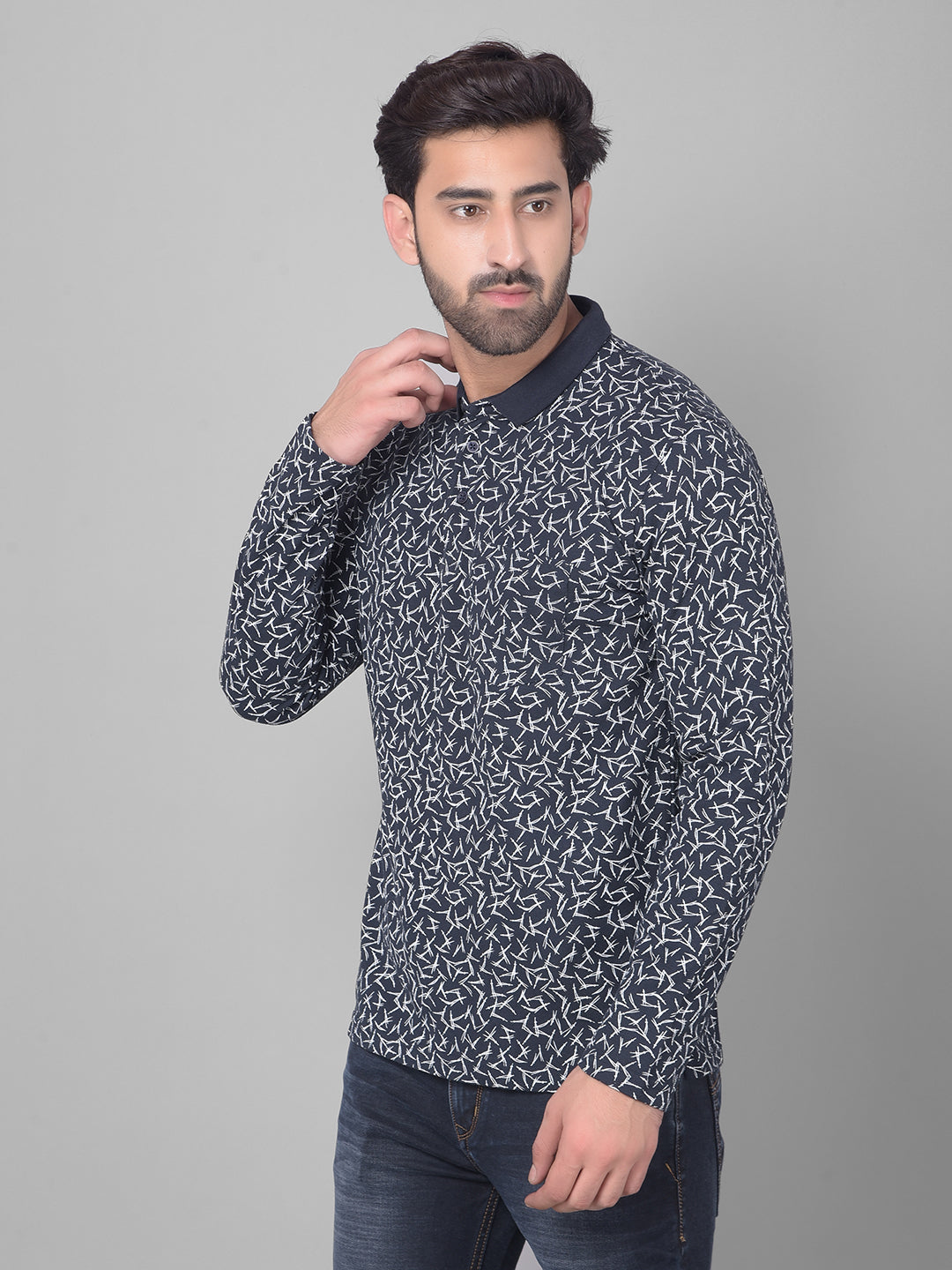 Navy Blue Printed Long Sleeved T-Shirt-Men T-Shirts-Crimsoune Club