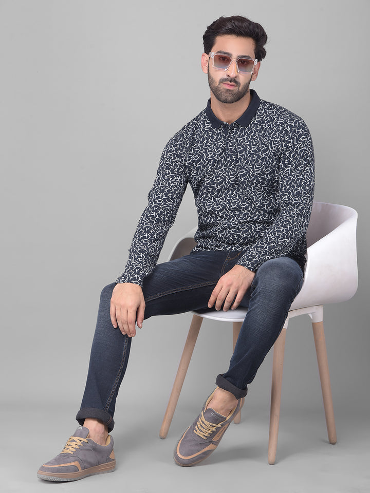 Navy Blue Printed Long Sleeved T-Shirt-Men T-Shirts-Crimsoune Club