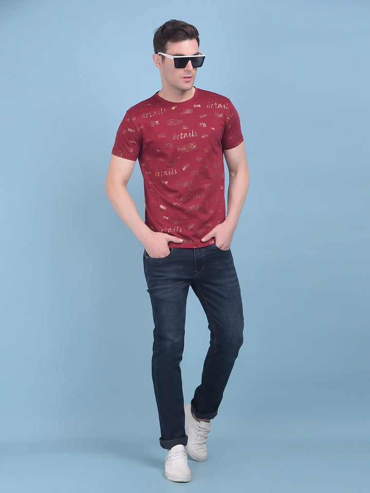 Wine Typographic Print Cotton T-Shirt-Men T-shirts-Crimsoune Club