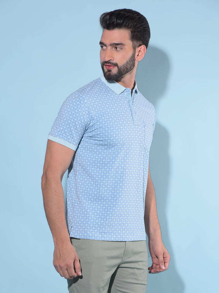 Blue Floral Print Polo T-Shirt-Men T-Shirts-Crimsoune Club