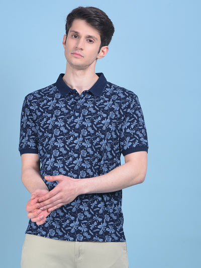 Navy Blue Floral Print Tshirt-Men T-shirts-Crimsoune Club