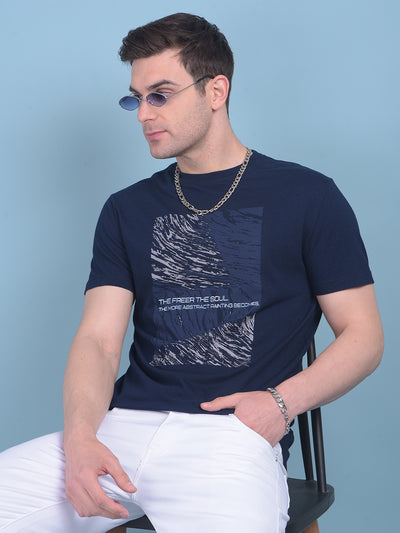 Navy Blue Graphic Print Cotton T-Shirt-Men T-shirts-Crimsoune Club