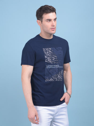 Navy Blue Graphic Print Cotton T-Shirt-Men T-shirts-Crimsoune Club