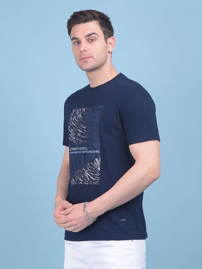 Navy Blue Graphic Print Cotton T-Shirt-Men T-shirts-Crimsoune Club