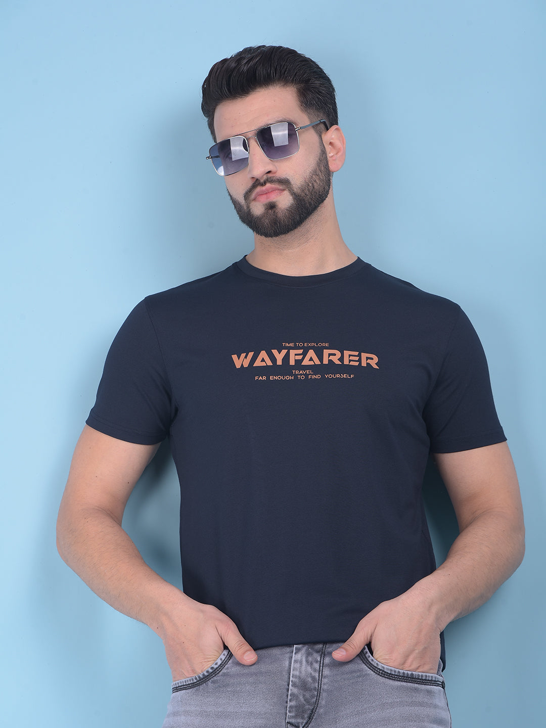 Blue Typographic Print T-Shirt-Men T-Shirts-Crimsoune Club