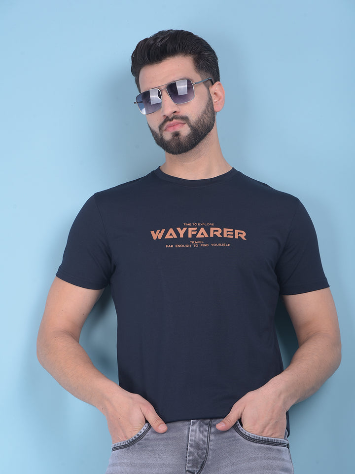 Blue Typographic Print T-Shirt-Men T-Shirts-Crimsoune Club