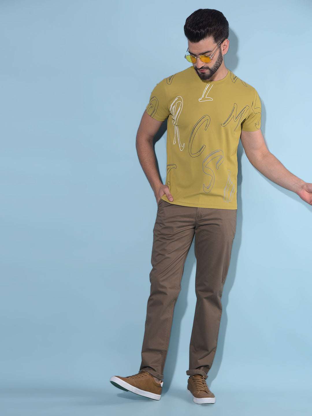 Mustard Typographic Printed Cotton T-Shirt-Men T-Shirts-Crimsoune Club