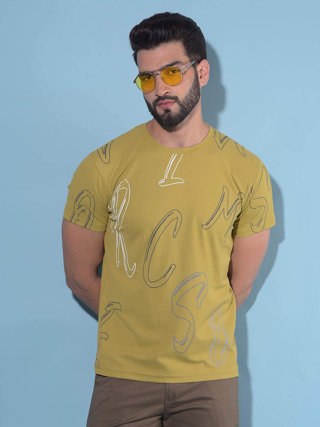 Mustard Typographic Printed Cotton T-Shirt-Men T-Shirts-Crimsoune Club