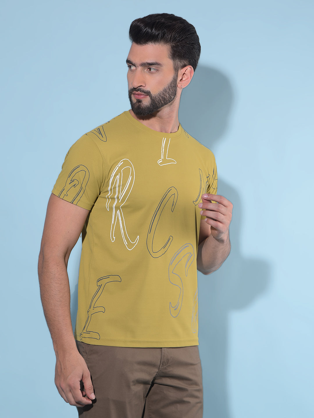 Mustard Typographic Printed Cotton T-Shirt-Men T-Shirts-Crimsoune Club