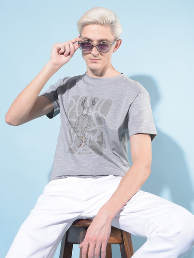 Grey Graphic Print Cotton T-Shirt-Men T-Shirts-Crimsoune Club
