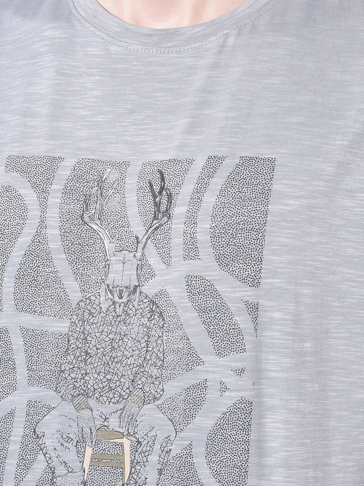 Grey Graphic Print Cotton T-Shirt-Men T-Shirts-Crimsoune Club