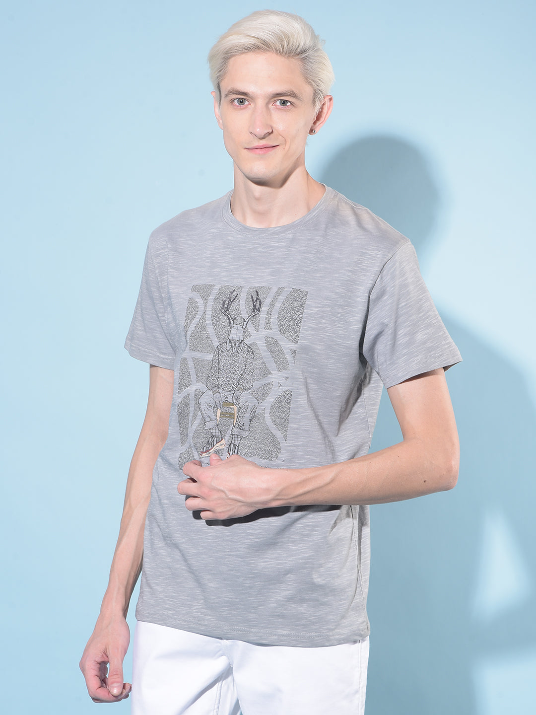 Grey Graphic Print Cotton T-Shirt-Men T-Shirts-Crimsoune Club