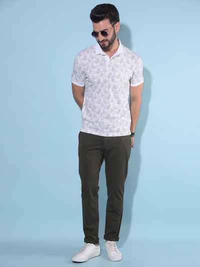 White Floral Print Polo T-Shirt-Men T-Shirts-Crimsoune Club