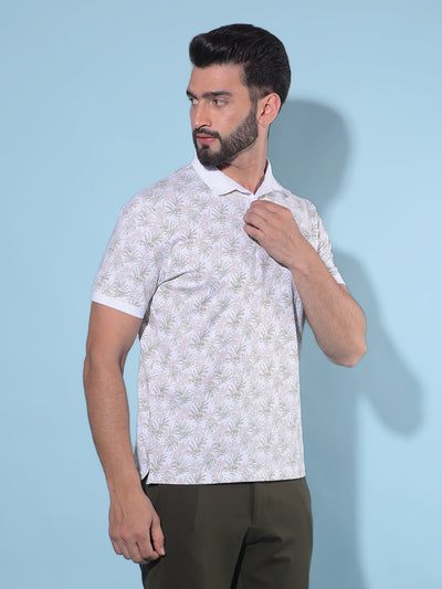 White Floral Print Polo T-Shirt-Men T-Shirts-Crimsoune Club