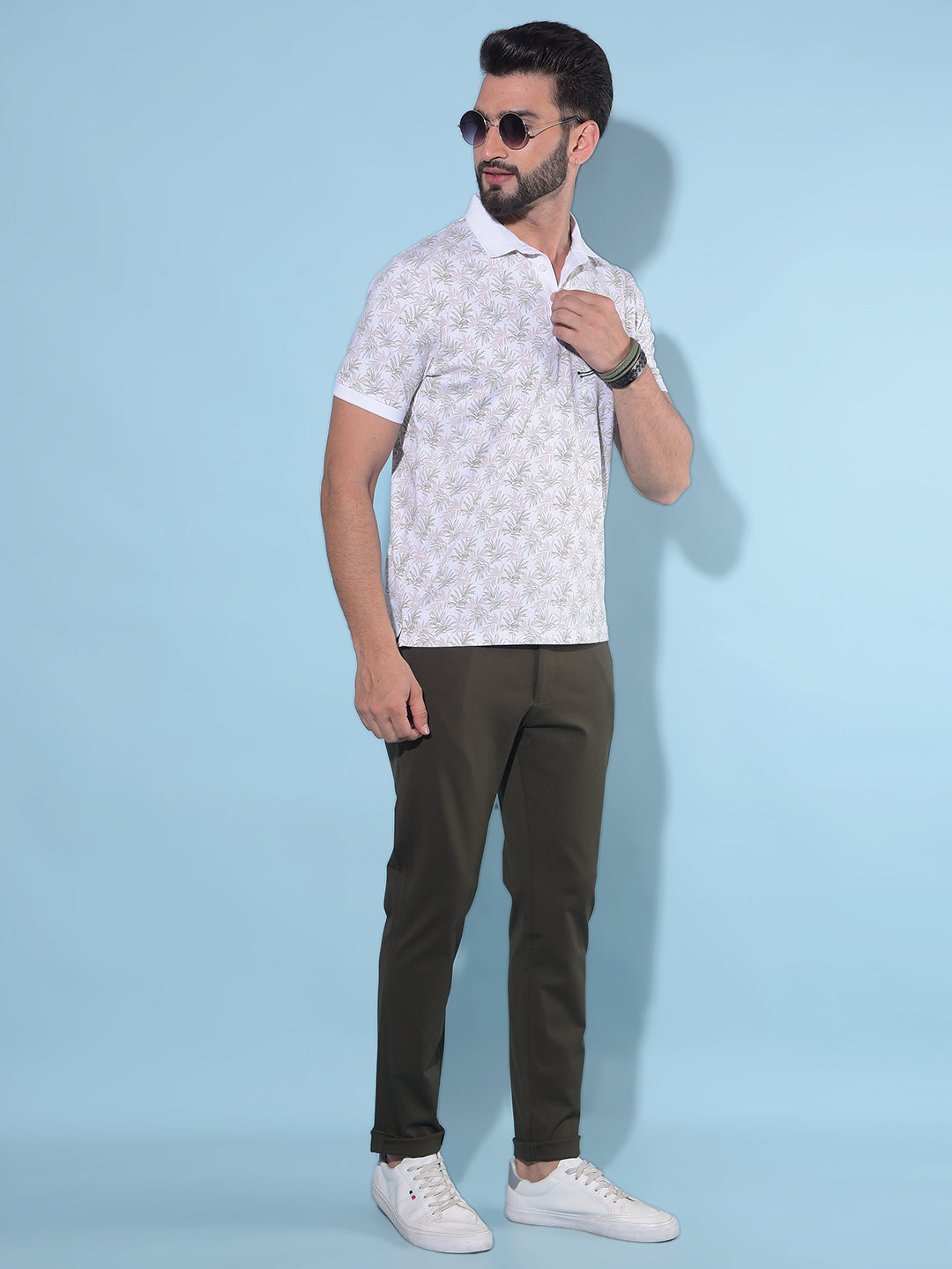 White Floral Print Polo T-Shirt-Men T-Shirts-Crimsoune Club