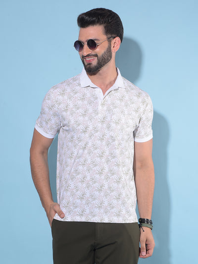 White Floral Print Polo T-Shirt-Men T-Shirts-Crimsoune Club