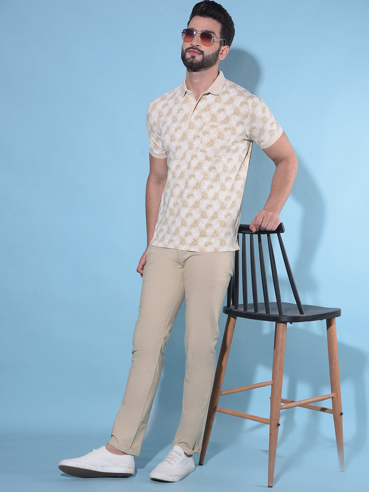 Beige Floral Print Polo T-Shirt-Men T-Shirts-Crimsoune Club