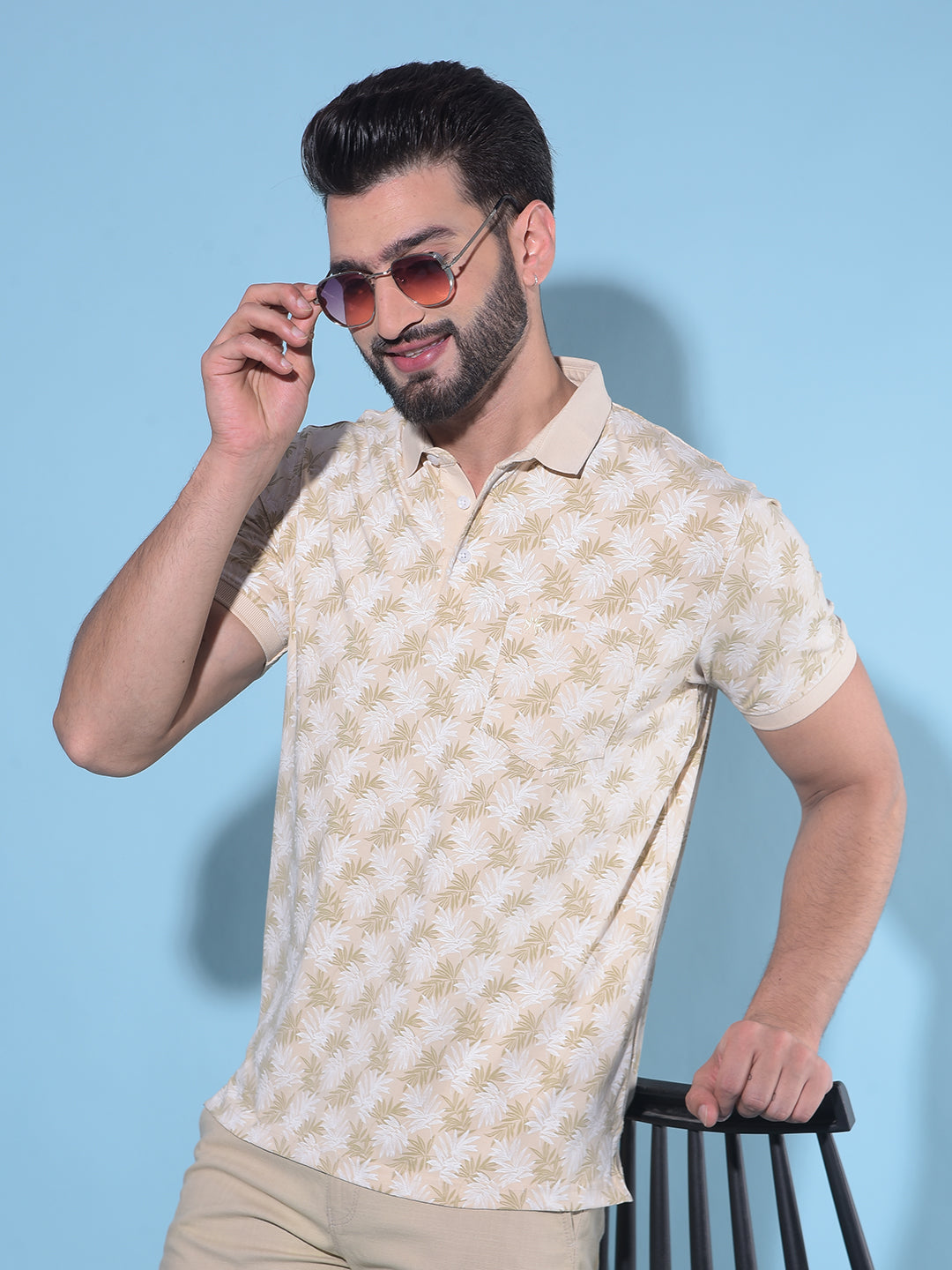 Beige Floral Print Polo T-Shirt-Men T-Shirts-Crimsoune Club