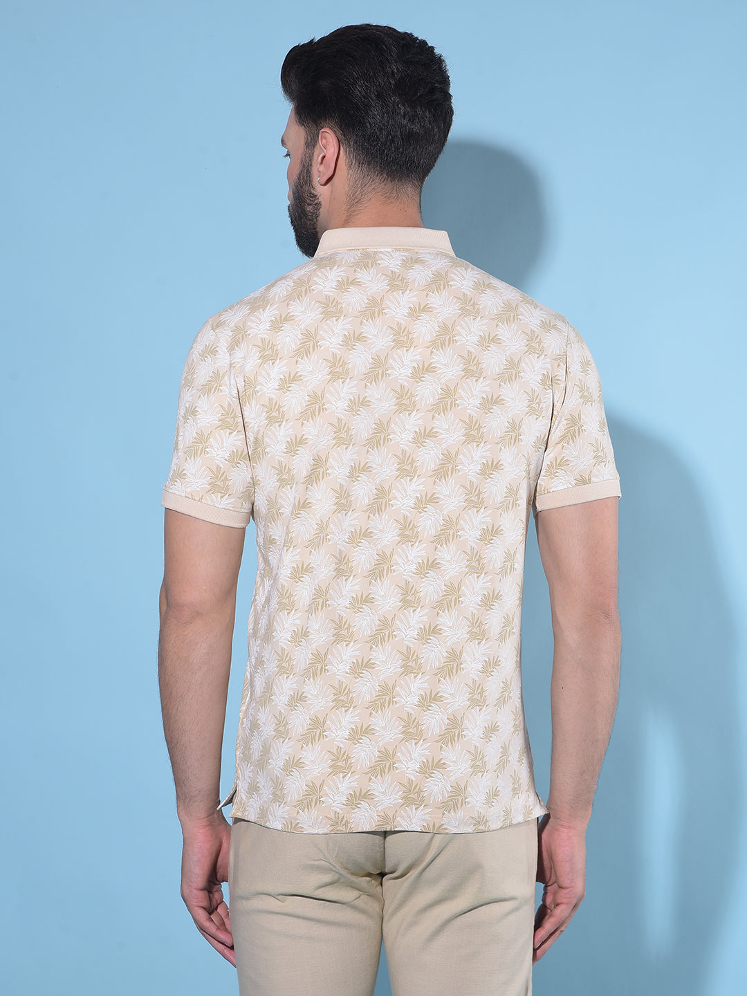 Beige Floral Print Polo T-Shirt-Men T-Shirts-Crimsoune Club