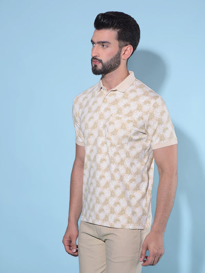 Beige Floral Print Polo T-Shirt-Men T-Shirts-Crimsoune Club